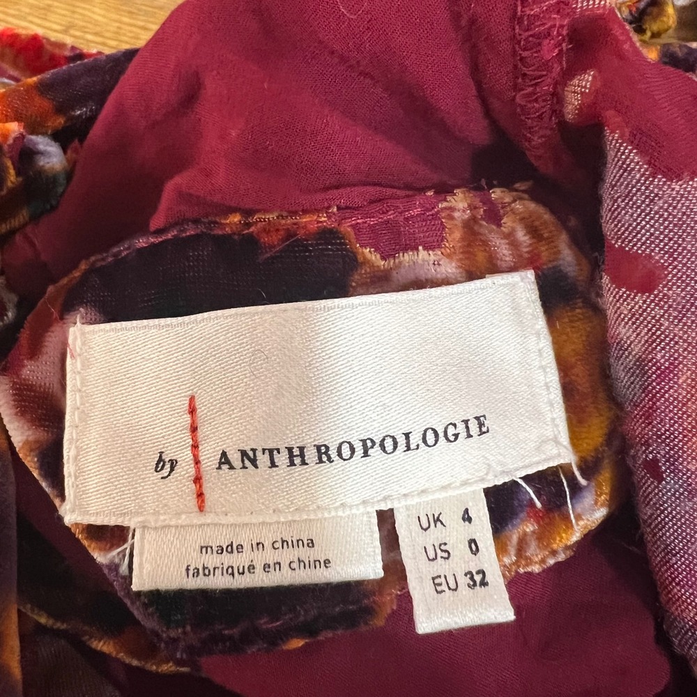 Anthropologie Red Burnout Velvet Paisley Lace Up Mini Dress Dark Academia 0 - Picture 8 of 13